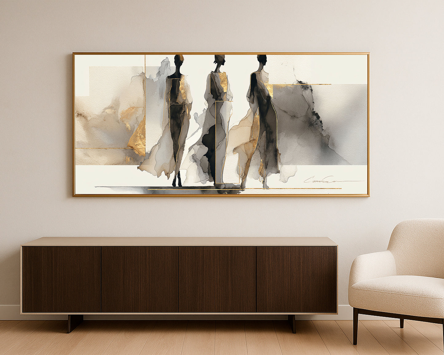 Wide neutral fashion illustration with black silhouettes, soft gray washes, beige blocks, and gold line details.