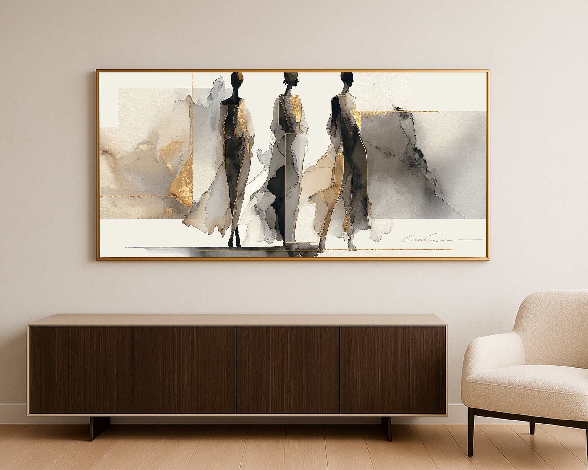 Wide neutral fashion illustration with black silhouettes, soft gray washes, beige blocks, and gold line details.