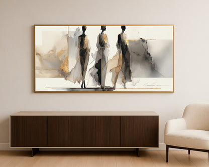 Wide neutral fashion illustration with black silhouettes, soft gray washes, beige blocks, and gold line details.