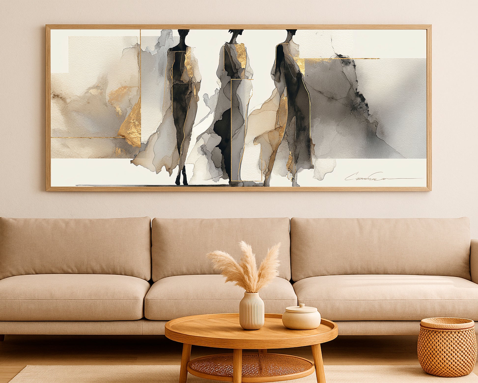 Panoramic editorial wall art featuring three female figures, abstract neutral layers, and refined gold highlights.