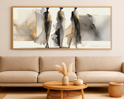 Panoramic editorial wall art featuring three female figures, abstract neutral layers, and refined gold highlights.