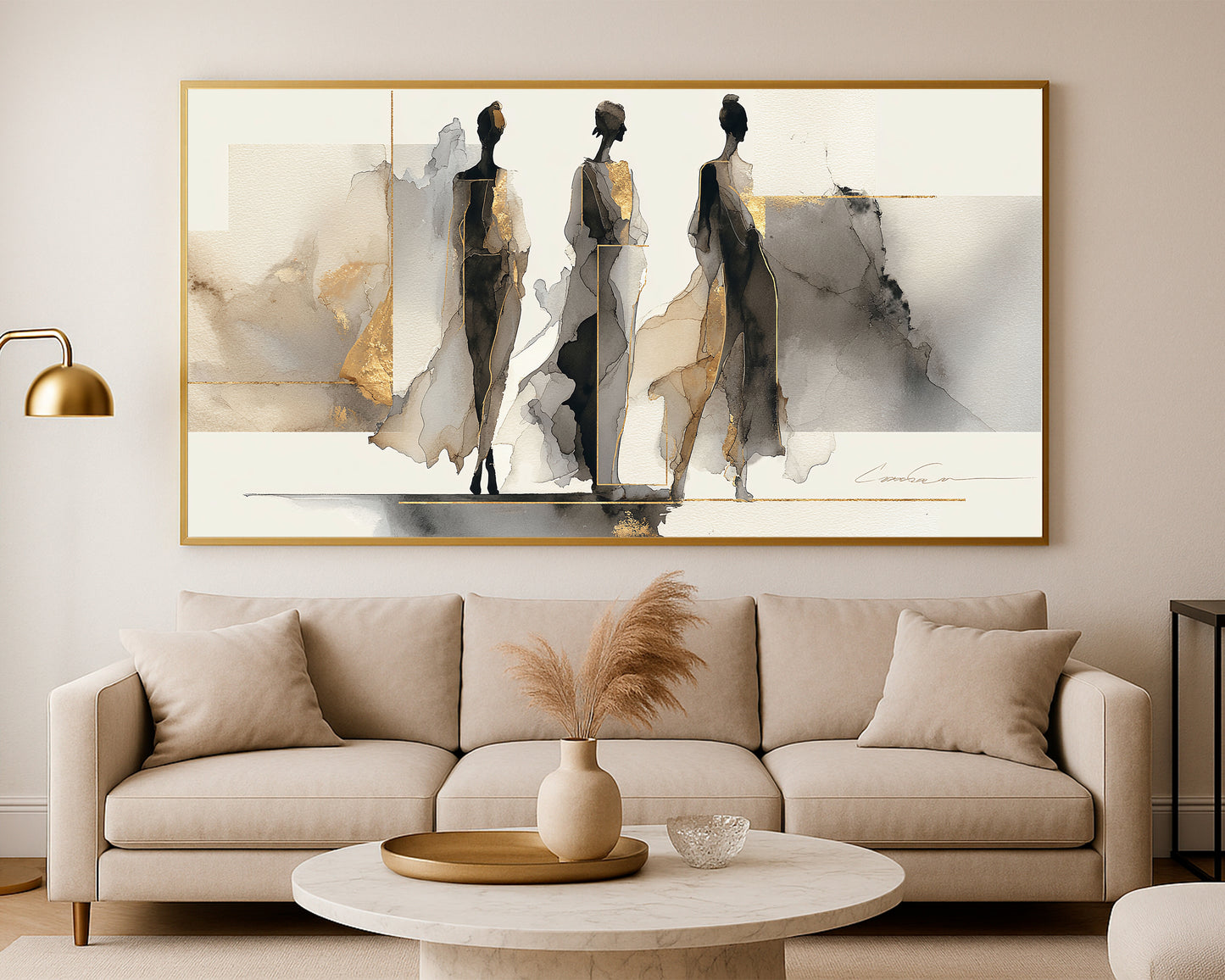 Contemporary feminine figure artwork with tall silhouettes, soft watercolor textures, and luxury gold accents.