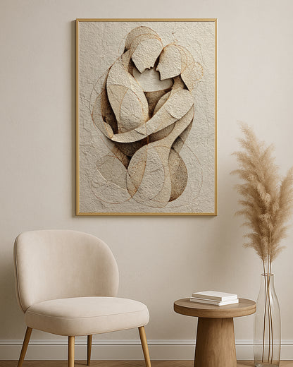 Romantic neutral artwork showing two stylized figures holding each other on a textured plaster background.