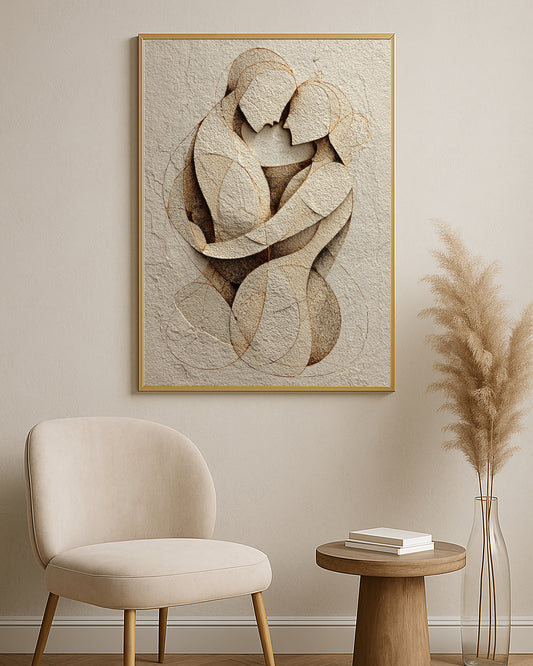 Romantic neutral artwork showing two stylized figures holding each other on a textured plaster background.