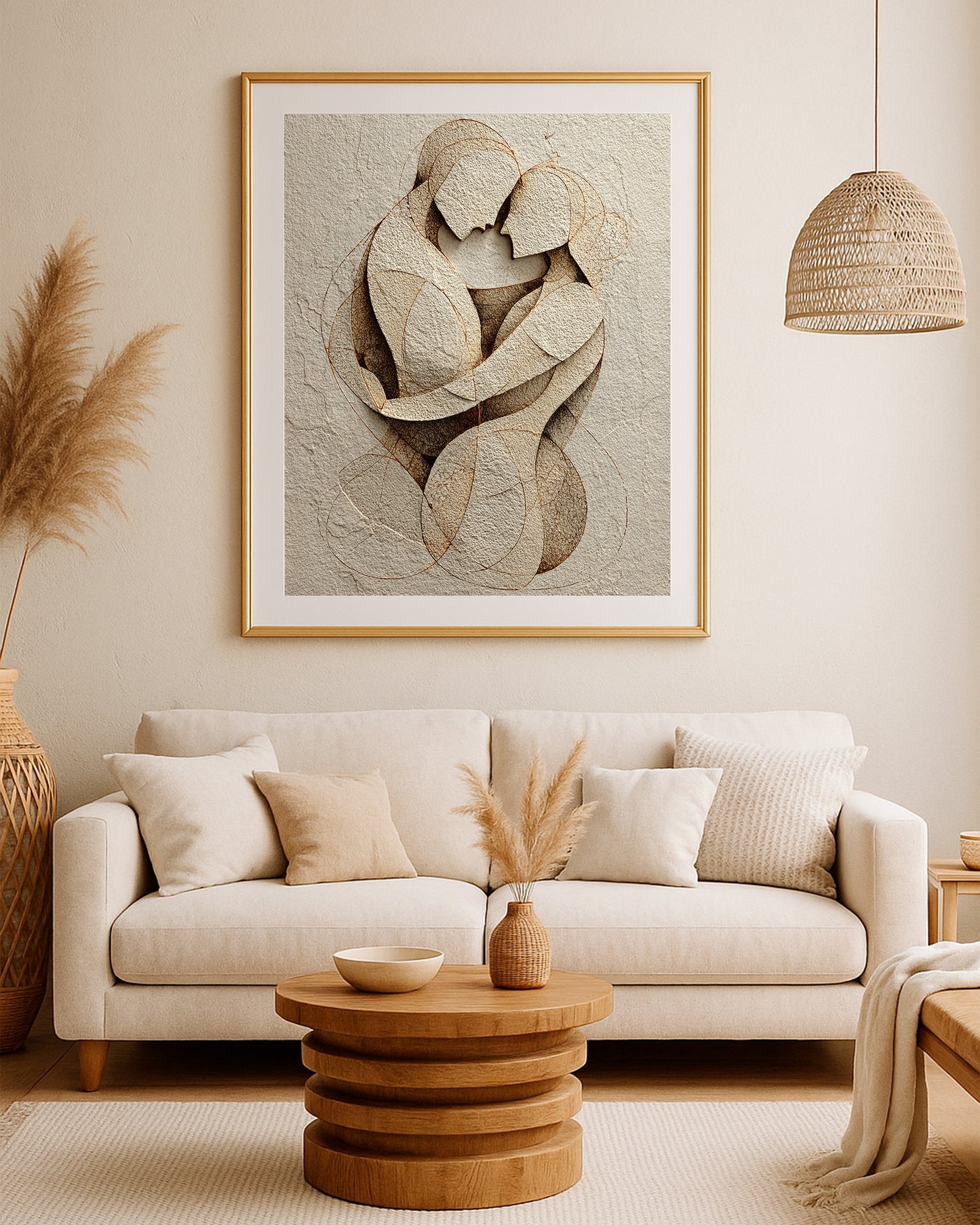 Warm beige love artwork with layered abstract shapes forming a quiet couple embrace.
