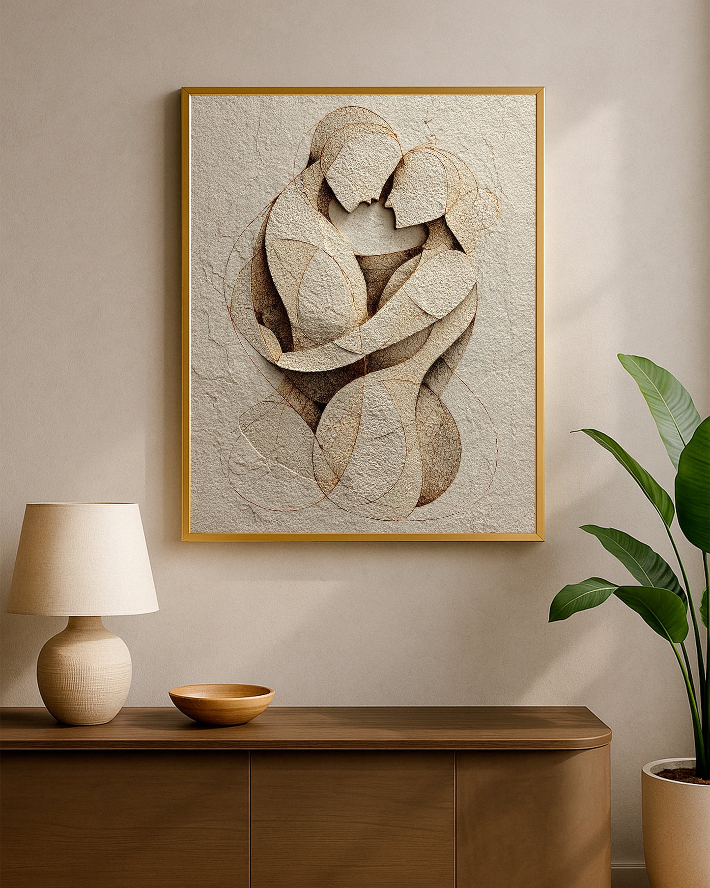 Textured couple wall art featuring soft curved forms, earthy brown shading, and a calm intimate composition.