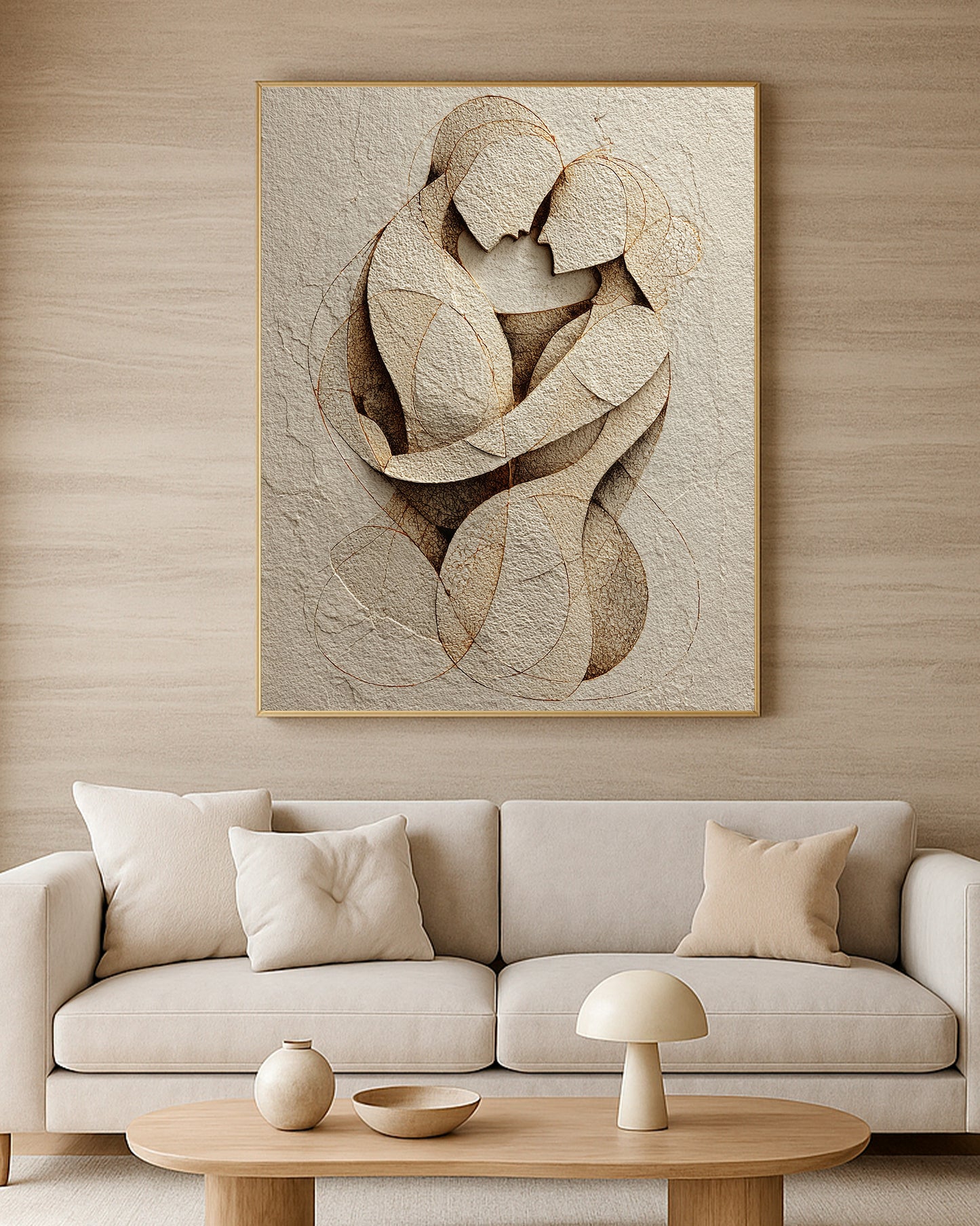 Organic abstract couple print with two embracing figures, warm neutral palette, and sculptural plaster texture.