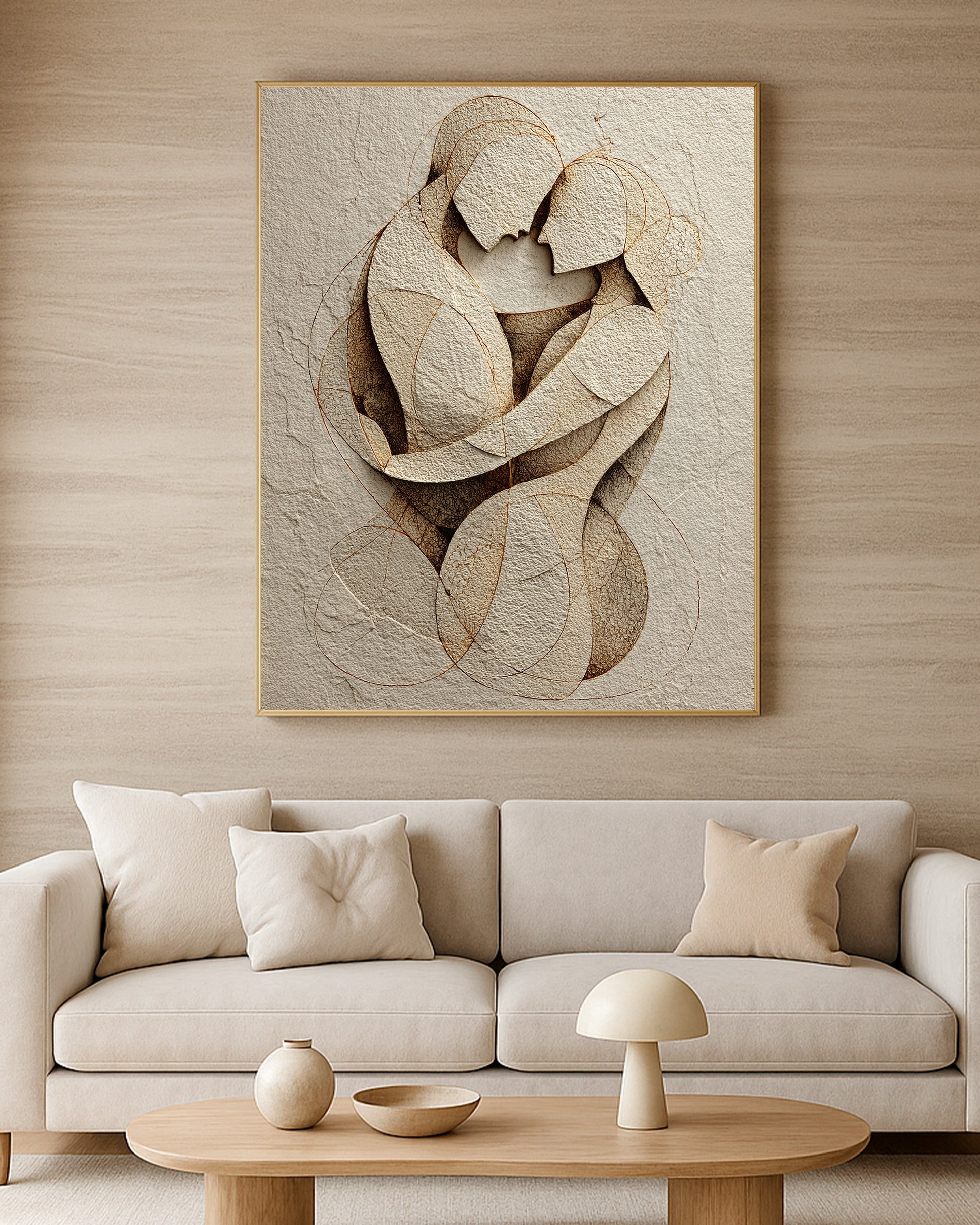 Organic abstract couple print with two embracing figures, warm neutral palette, and sculptural plaster texture.