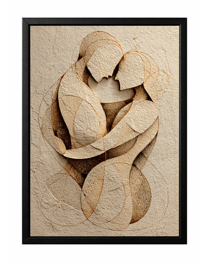 Abstract couple embrace wall art with two figures wrapped together in beige, brown, and cream tones.