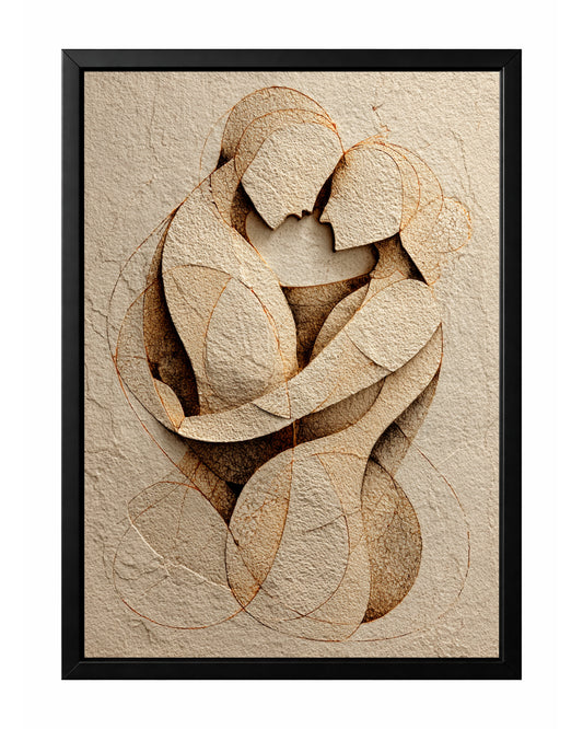 Abstract couple embrace wall art with two figures wrapped together in beige, brown, and cream tones.