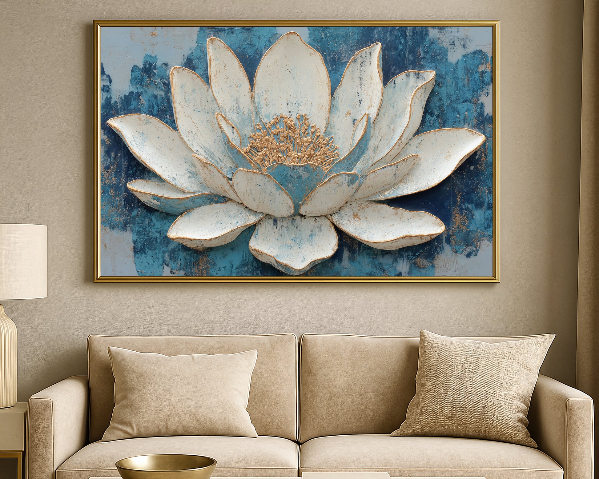 Elegant lotus floral artwork featuring layered cream petals, soft blue shading, and refined metallic gold details.