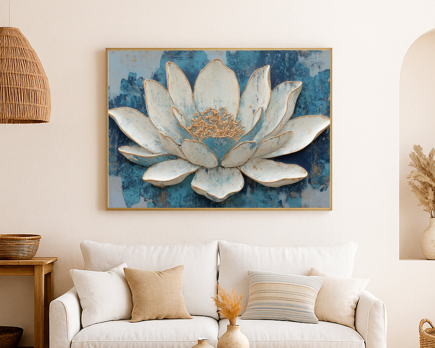 Textured botanical print showing a large ivory lotus flower over a rich blue painterly background.