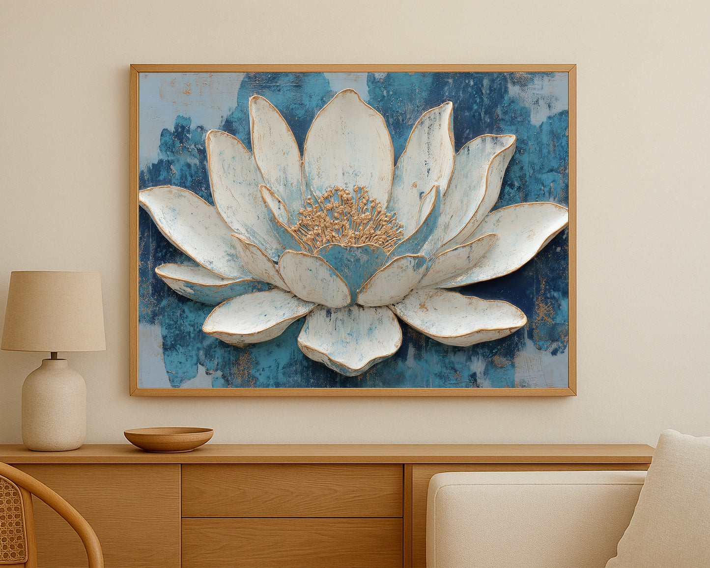Calm floral wall art with a sculptural lotus blossom, gold center, and blue abstract brushwork.