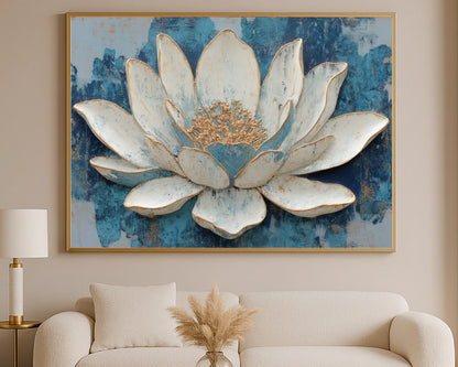 Refined lotus flower artwork with ivory and blue petals, warm gold accents, and layered textured detail.