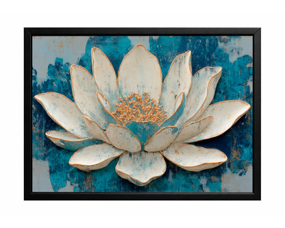 Blue lotus flower wall art with ivory petals, gold accents, and a textured deep blue abstract background.