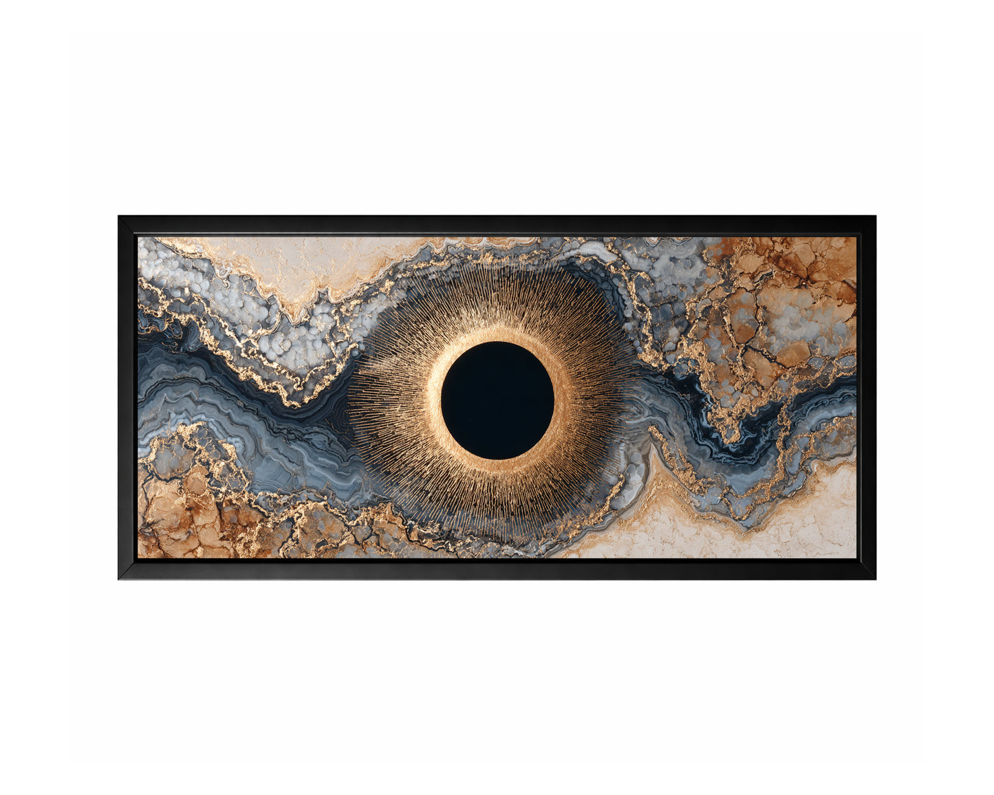 Panoramic geode abstract wall art with a dark central circle, fine gold radiating lines, and layered gray, cream, and beige mineral textures