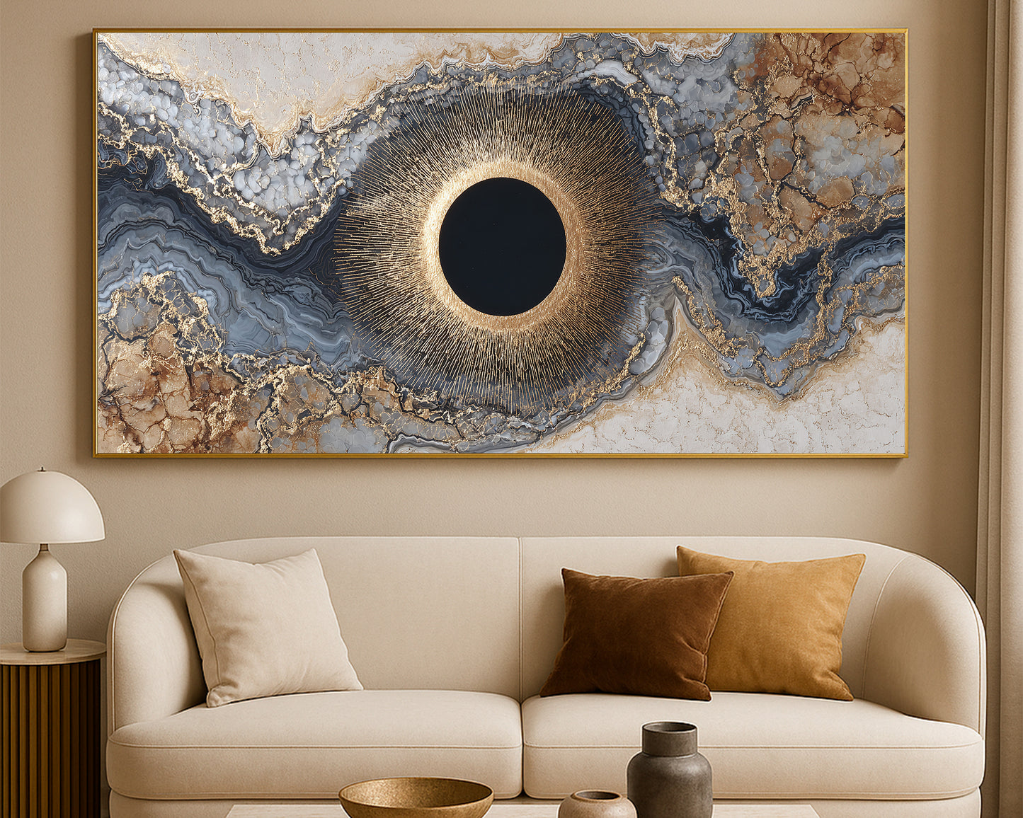 Luxury wide abstract print featuring an eclipse-like circle surrounded by geode-inspired bands and crystalline gold detailing