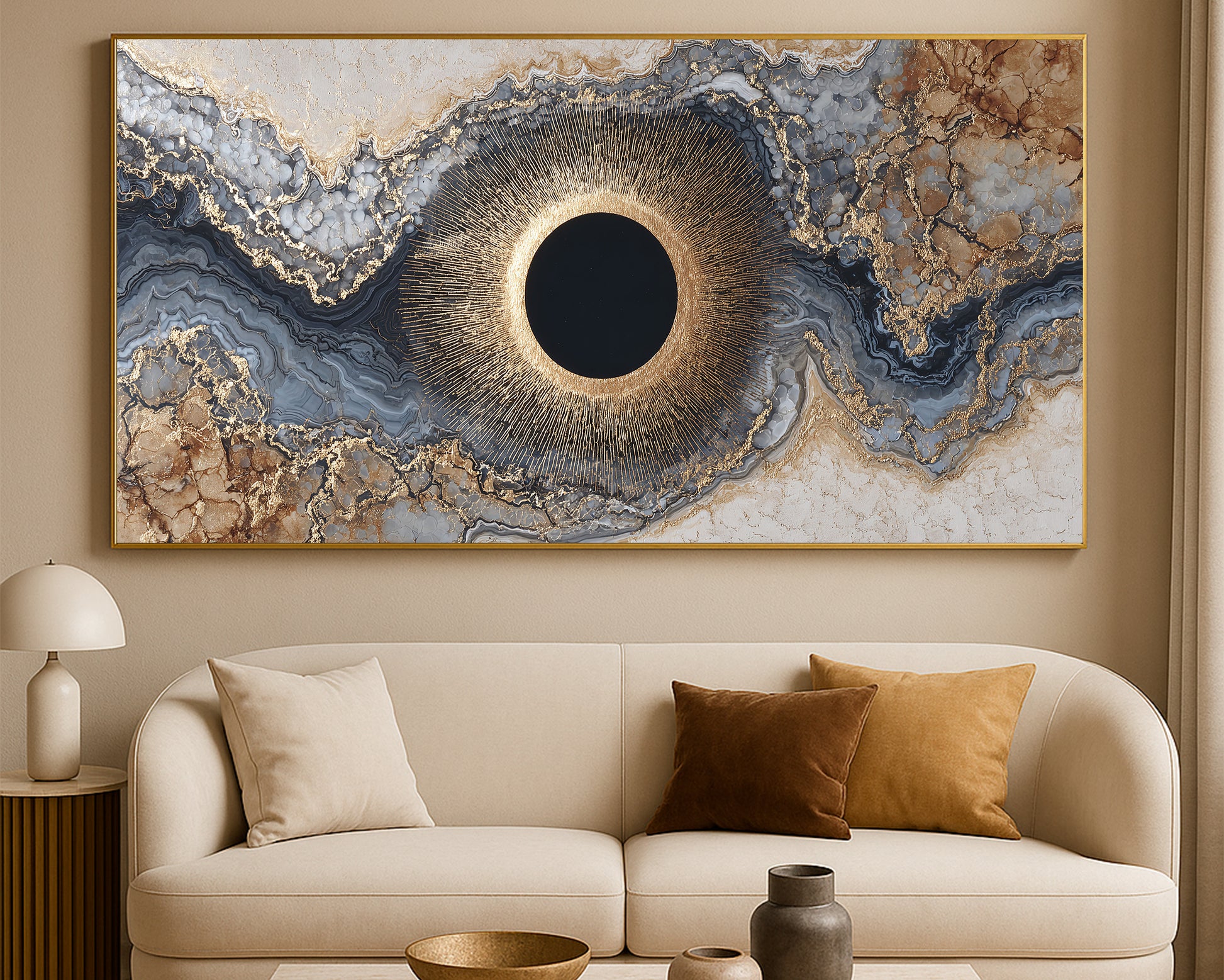 Luxury wide abstract print featuring an eclipse-like circle surrounded by geode-inspired bands and crystalline gold detailing
