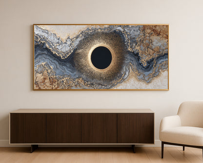 Modern panoramic wall decor showing a dark orb framed by radiant gold lines and flowing stone-like abstract textures
