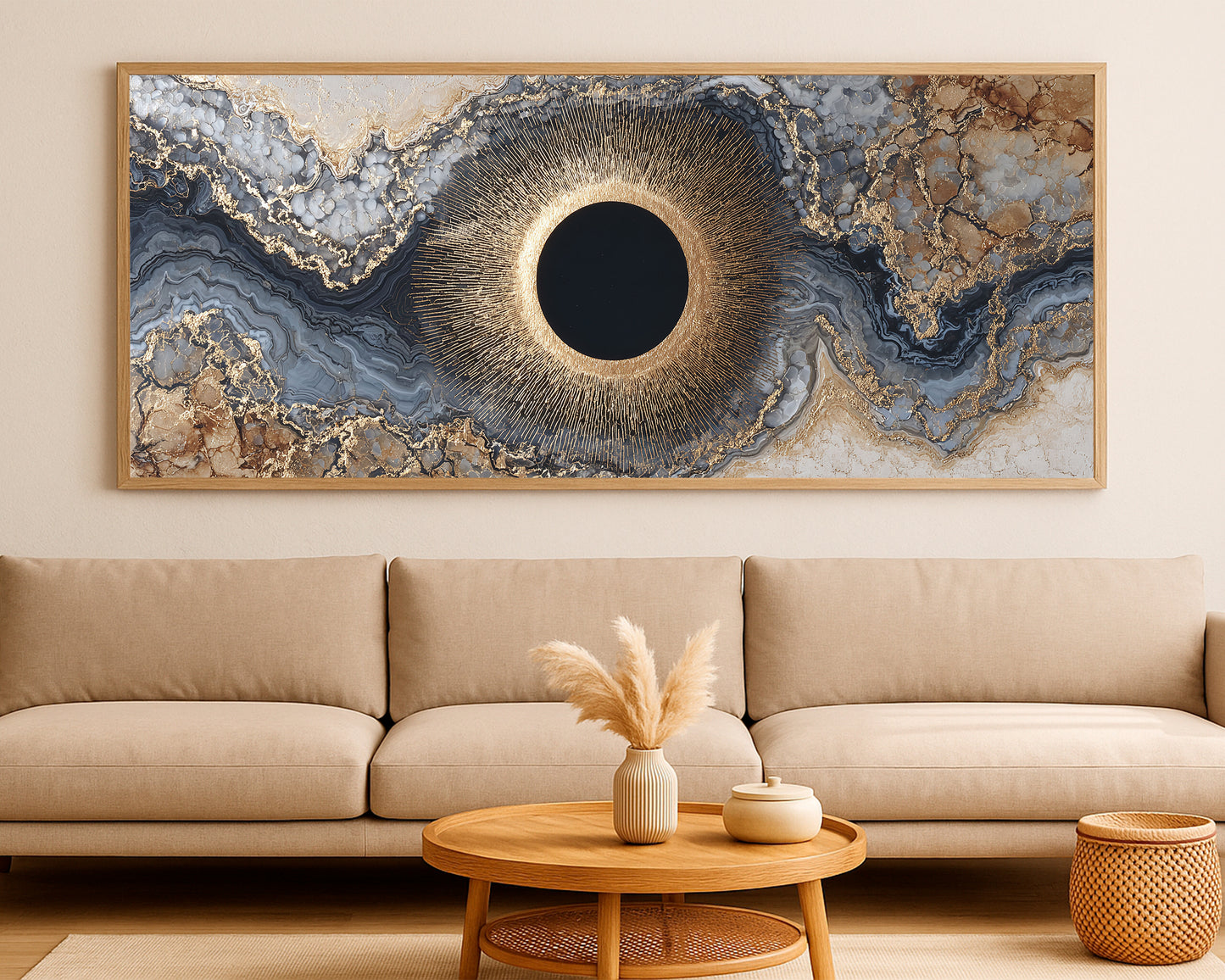 Statement geode wall art with layered mineral formations, a glowing circular center, and rich neutral tones across a wide composition