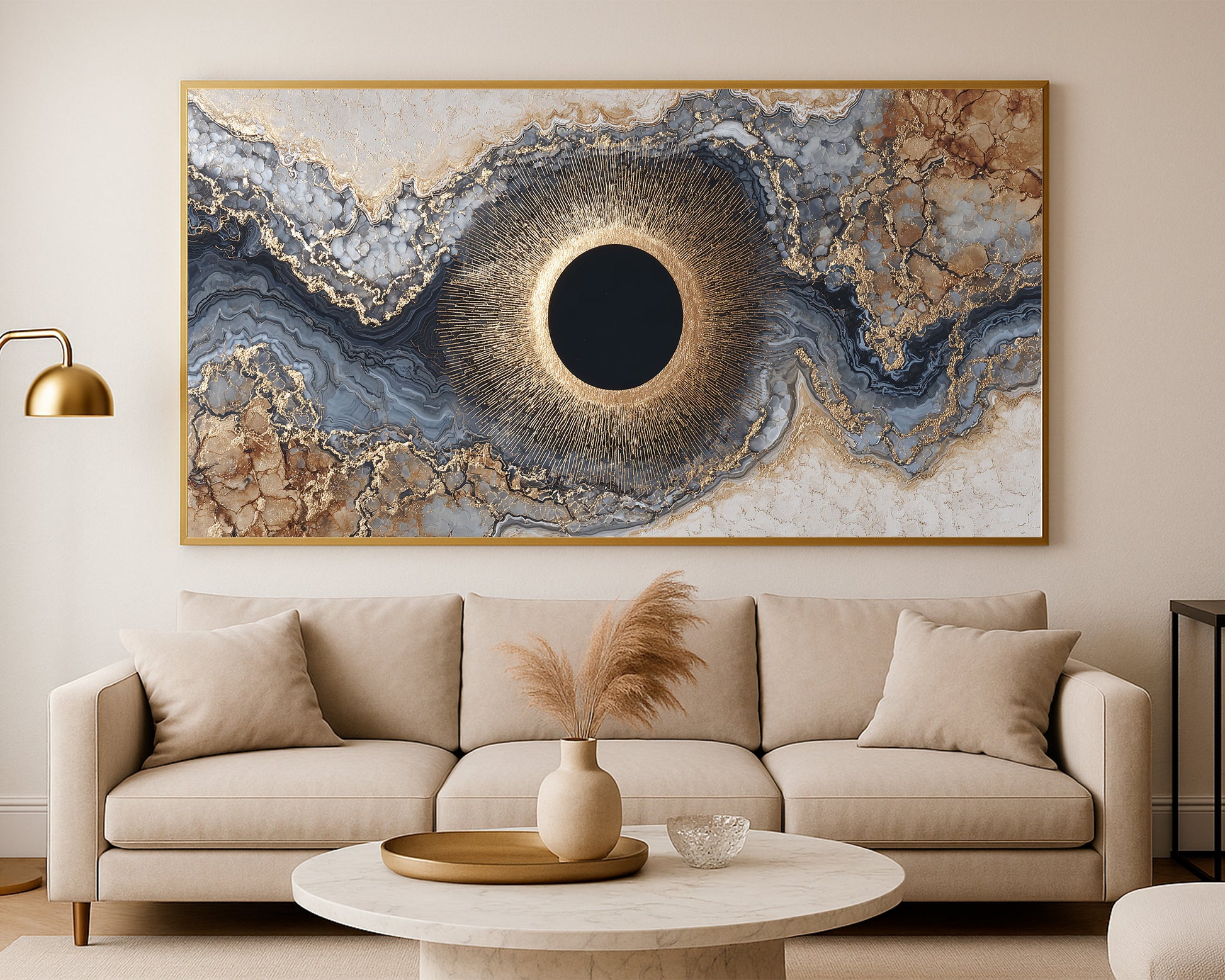 Contemporary abstract panorama featuring a central black circle, delicate gold linework, and marbled geode textures in gray and cream