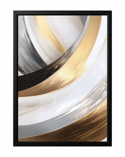 Modern abstract wall art with sweeping gold, black, white, and gray arcs in a smooth layered composition.