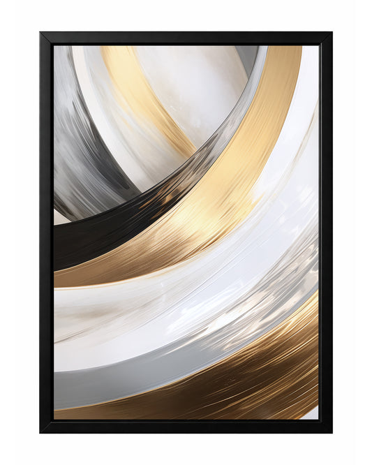 Modern abstract wall art with sweeping gold, black, white, and gray arcs in a smooth layered composition.