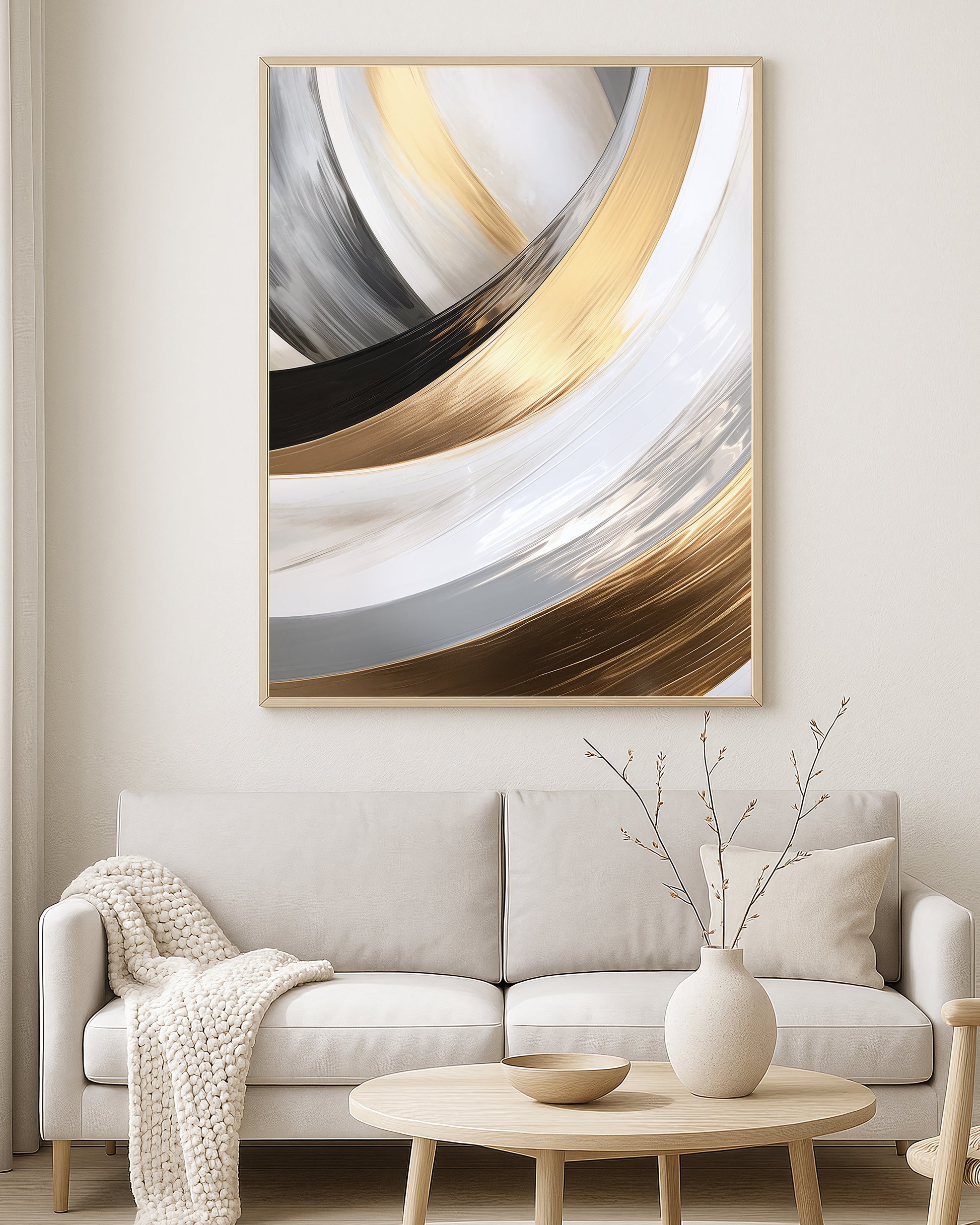 Textured abstract artwork featuring bold curved strokes in metallic gold, charcoal black, and soft white on a neutral background.