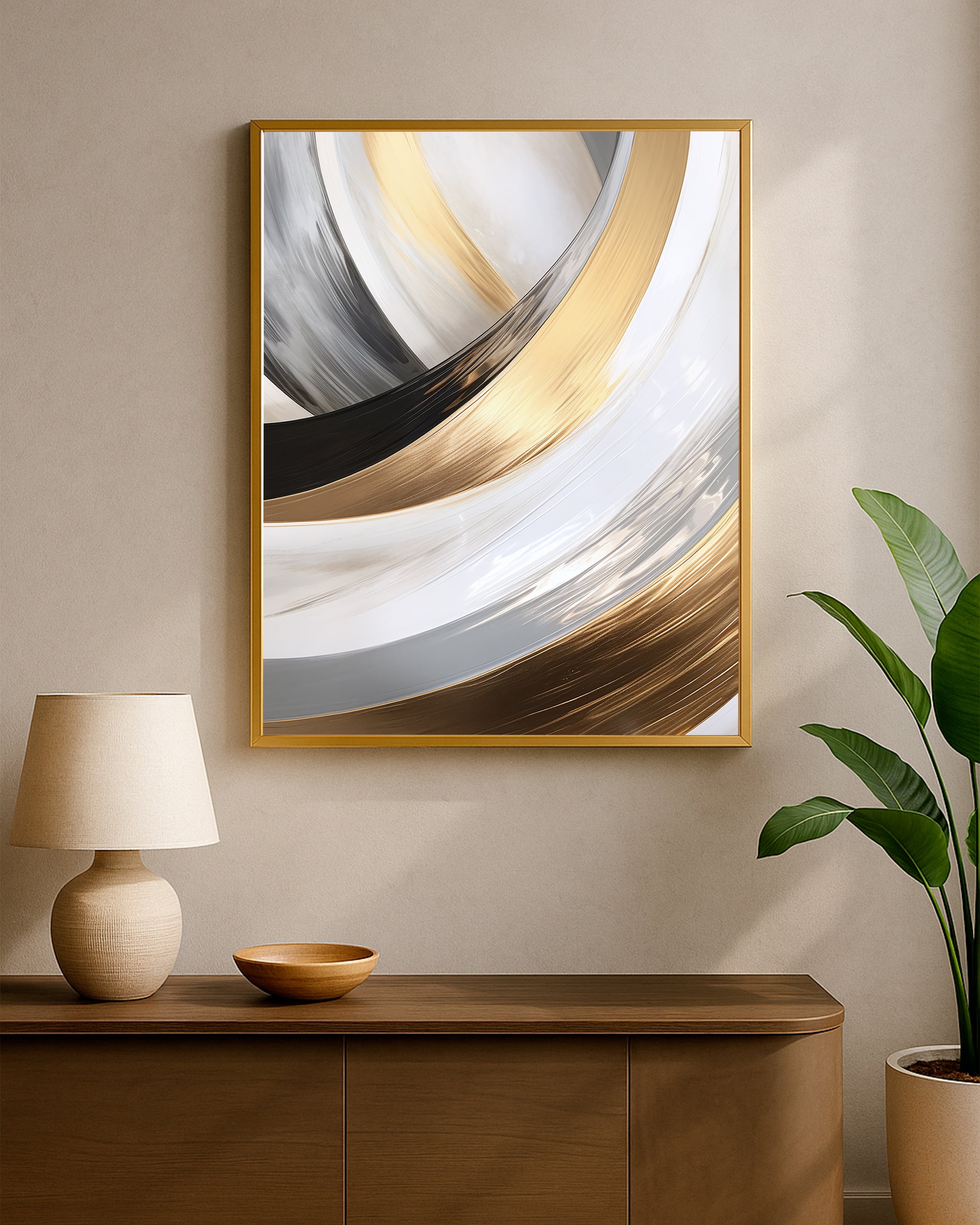 Elegant abstract wall art showing layered curved brushwork in white, gold, and dark gray with a clean modern look.