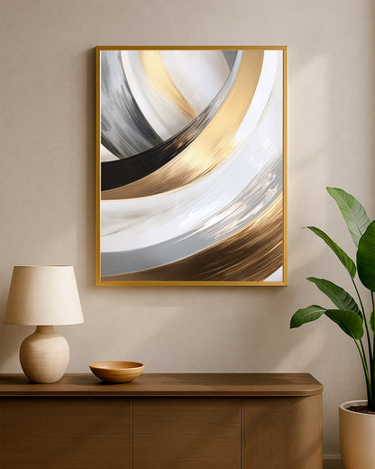 Elegant abstract wall art showing layered curved brushwork in white, gold, and dark gray with a clean modern look.
