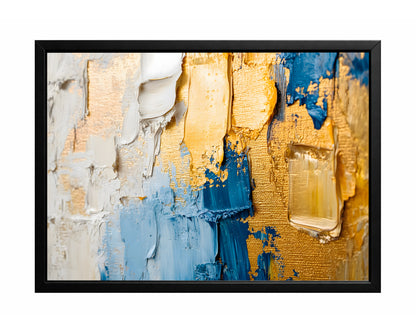 Blue gold textured abstract wall art with layered palette knife strokes in white, gold, and deep blue