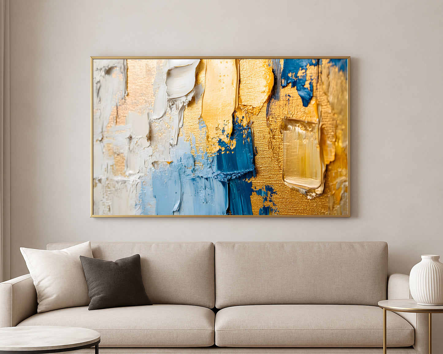 Textured abstract artwork featuring metallic-style gold accents over a cool blue and white painted surface