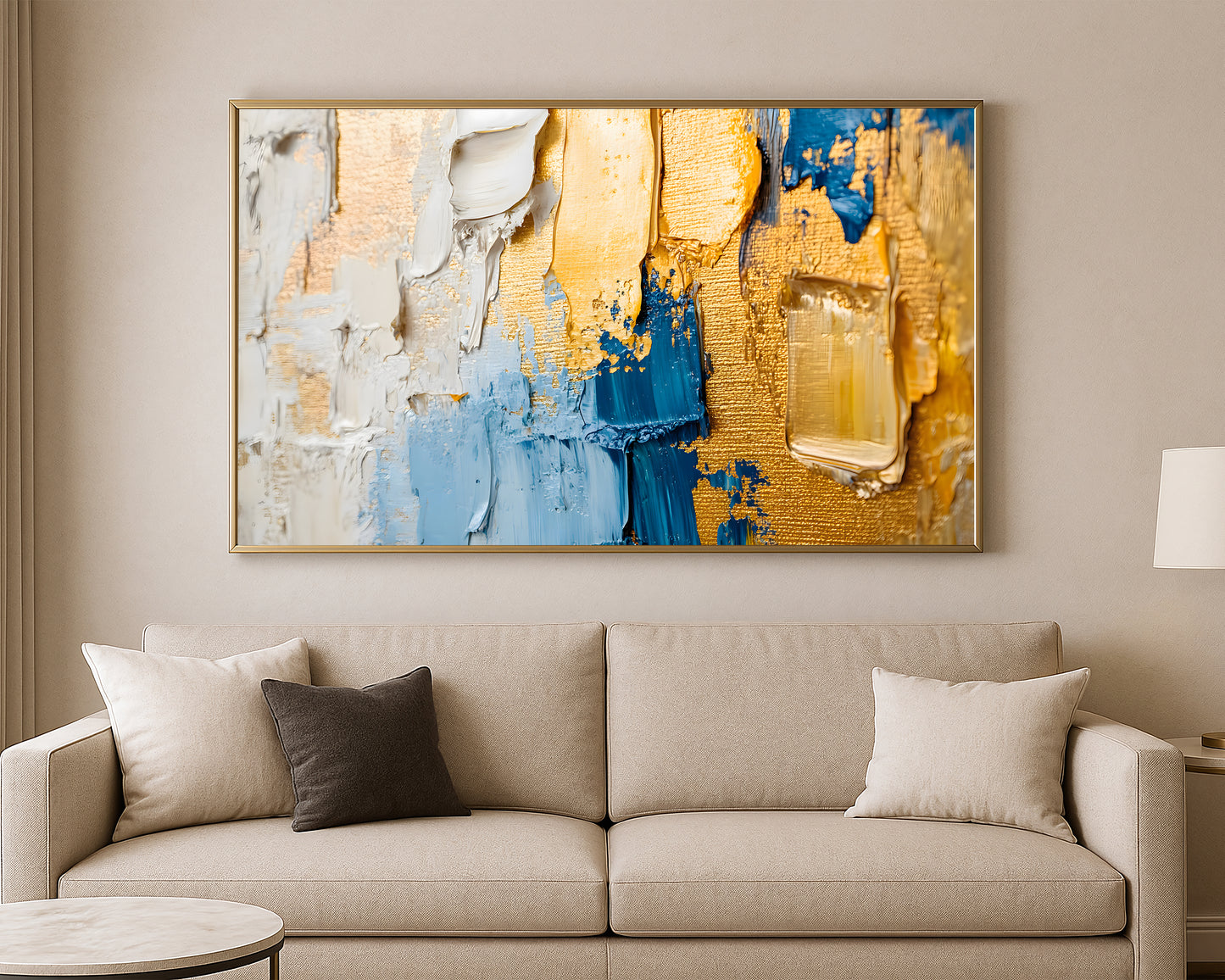 Modern abstract wall art with thick impasto texture and bold blocks of blue, gold, and cream