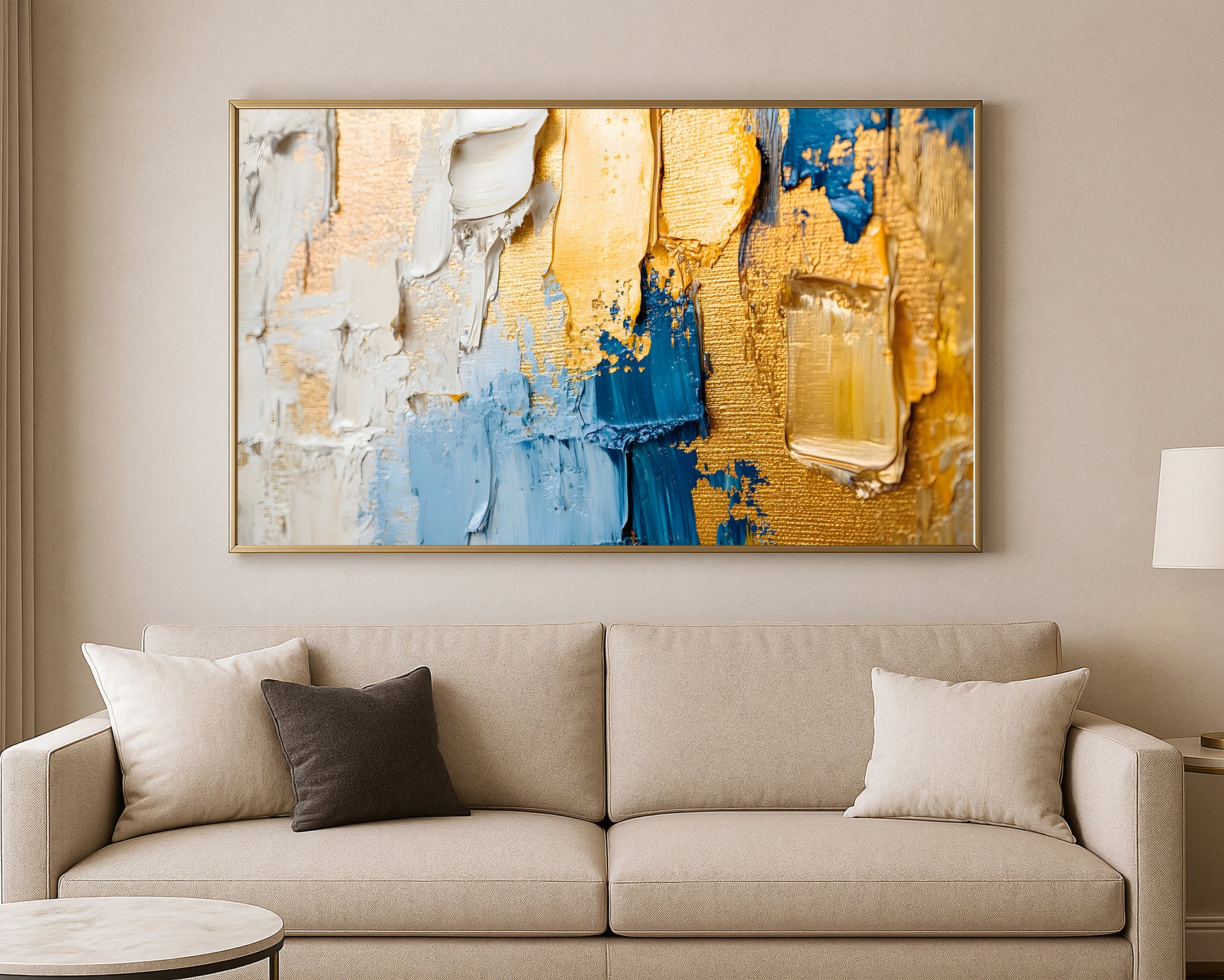 Modern abstract wall art with thick impasto texture and bold blocks of blue, gold, and cream