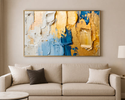 Modern abstract wall art with thick impasto texture and bold blocks of blue, gold, and cream