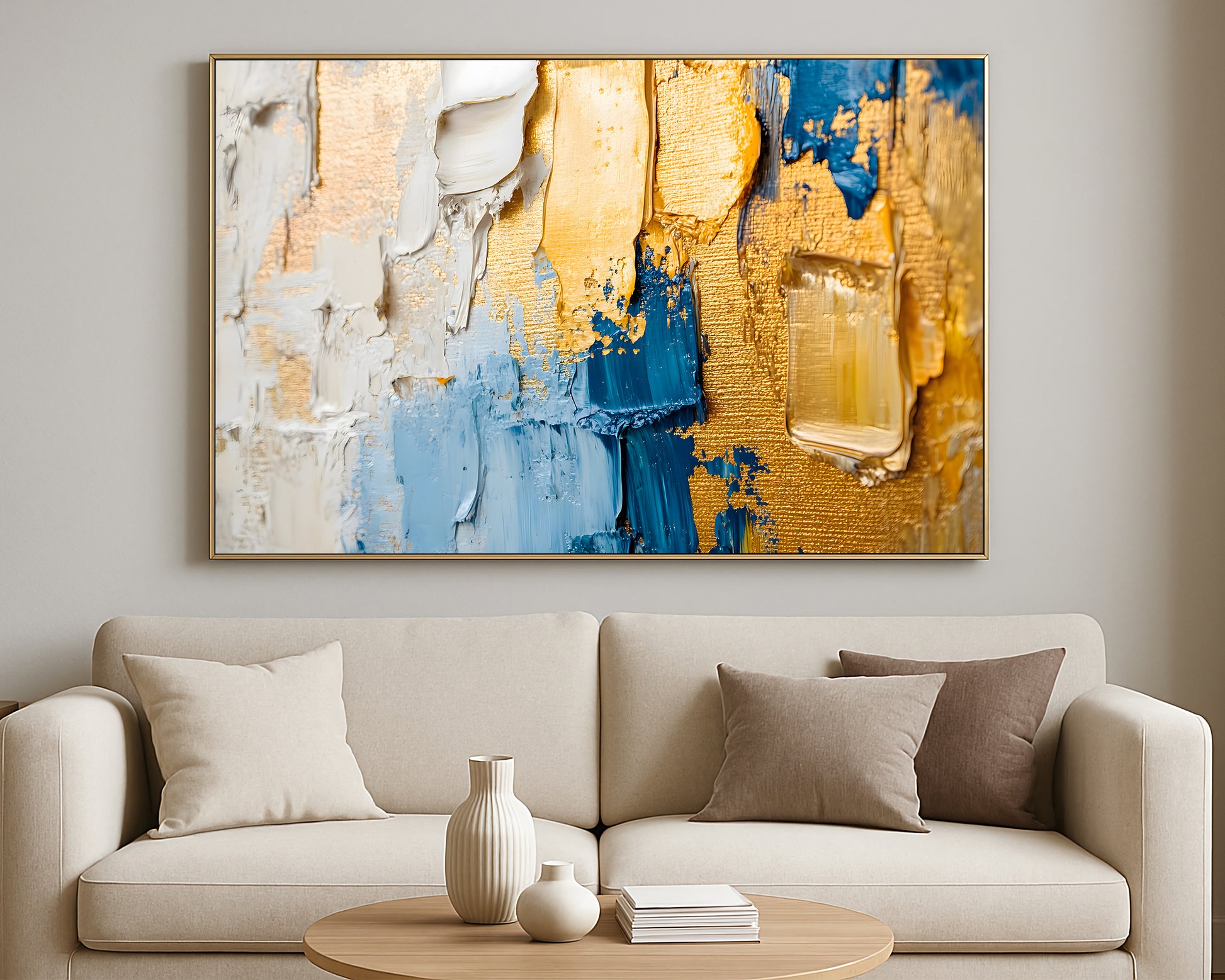 Contemporary statement artwork with close-up layered brushwork and luminous gold contrast