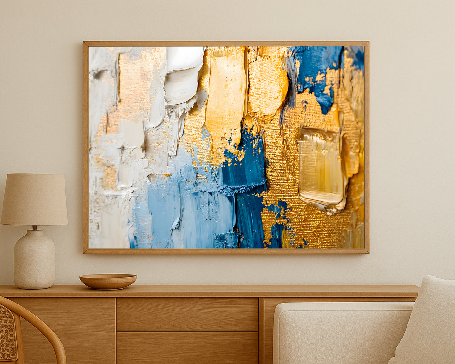 Luxury-inspired abstract wall decor with rich texture, cool blue tones, and metallic-style highlights