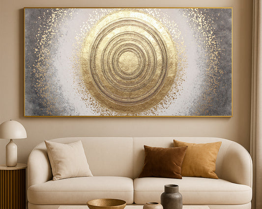 Panoramic abstract artwork featuring a large gold circle surrounded by smoky gray and black texture.