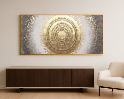 Modern geometric wall art with a centered gold concentric circle and soft neutral abstract background.