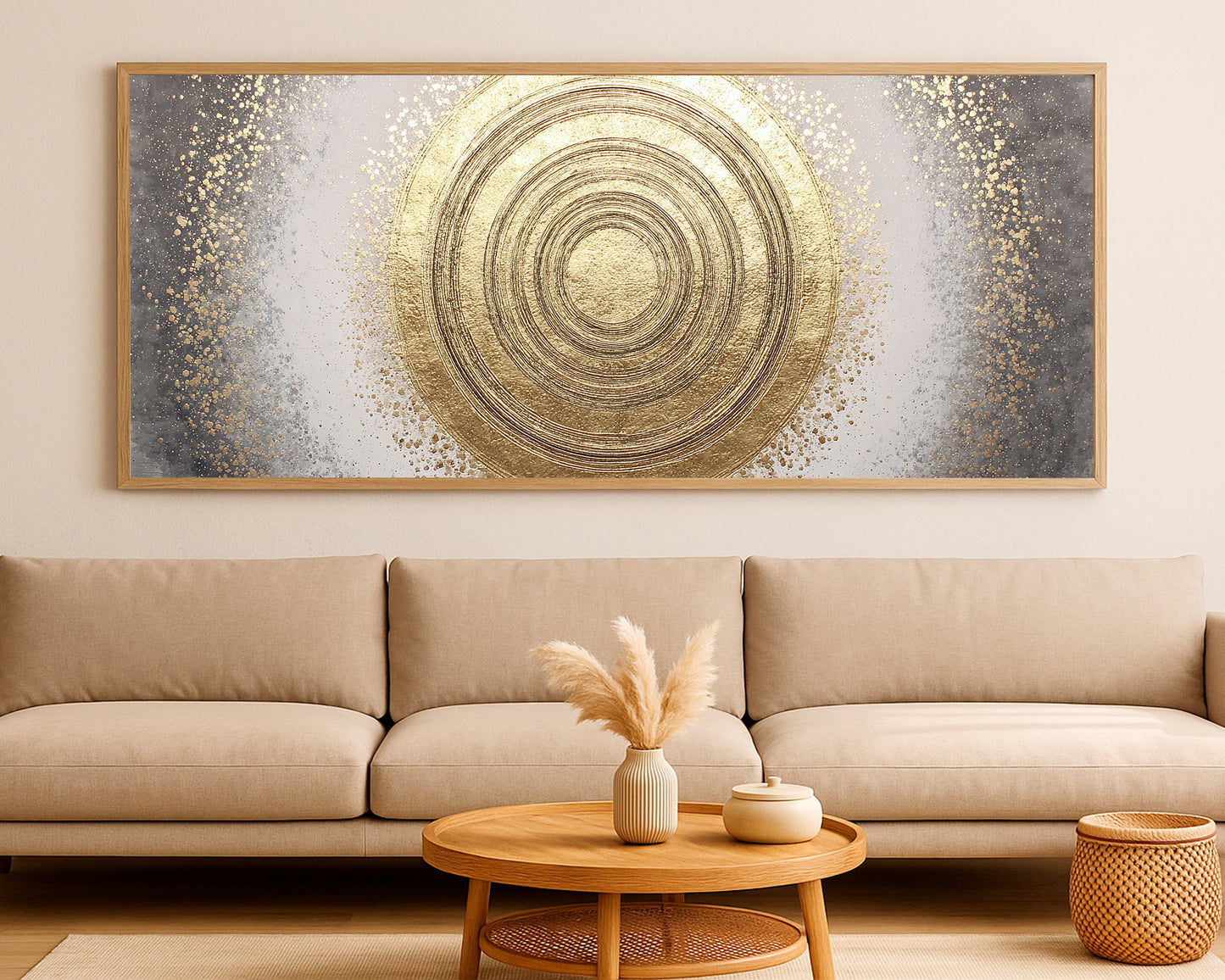Wide abstract circle print with gold linework, white space, charcoal edges, and textured speckles.