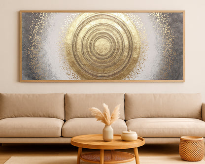 Wide abstract circle print with gold linework, white space, charcoal edges, and textured speckles.
