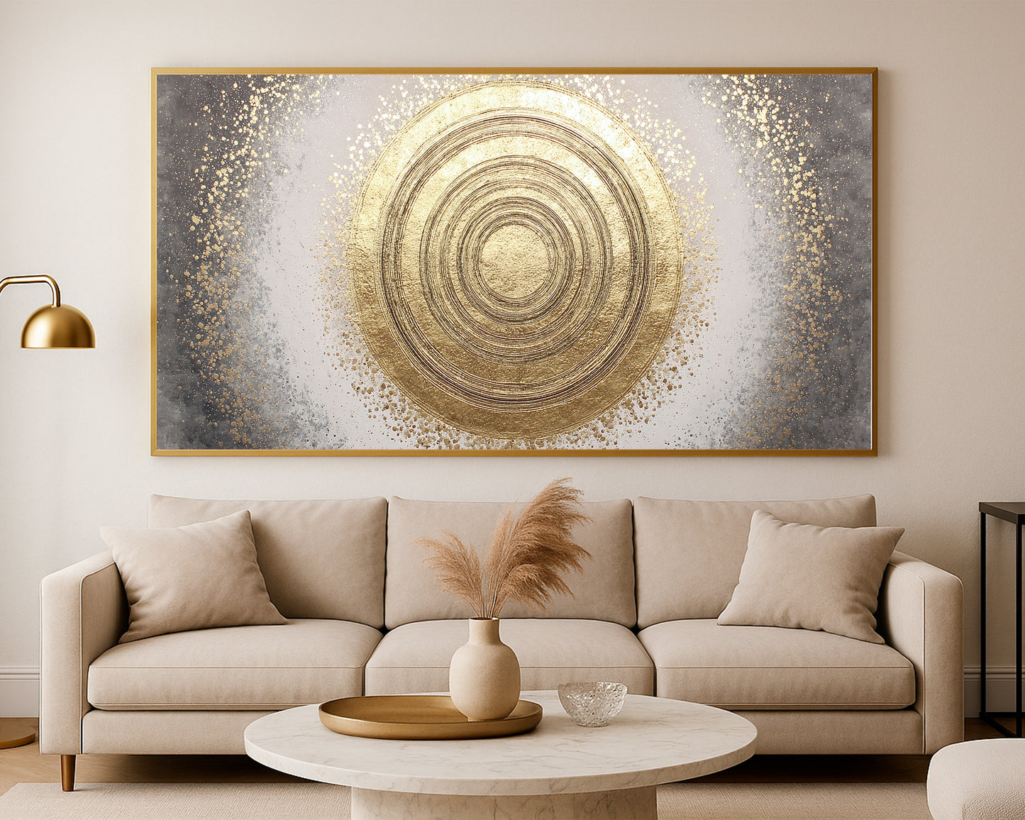 Gold circular focal point artwork with layered rings, gray texture, and modern panoramic composition.