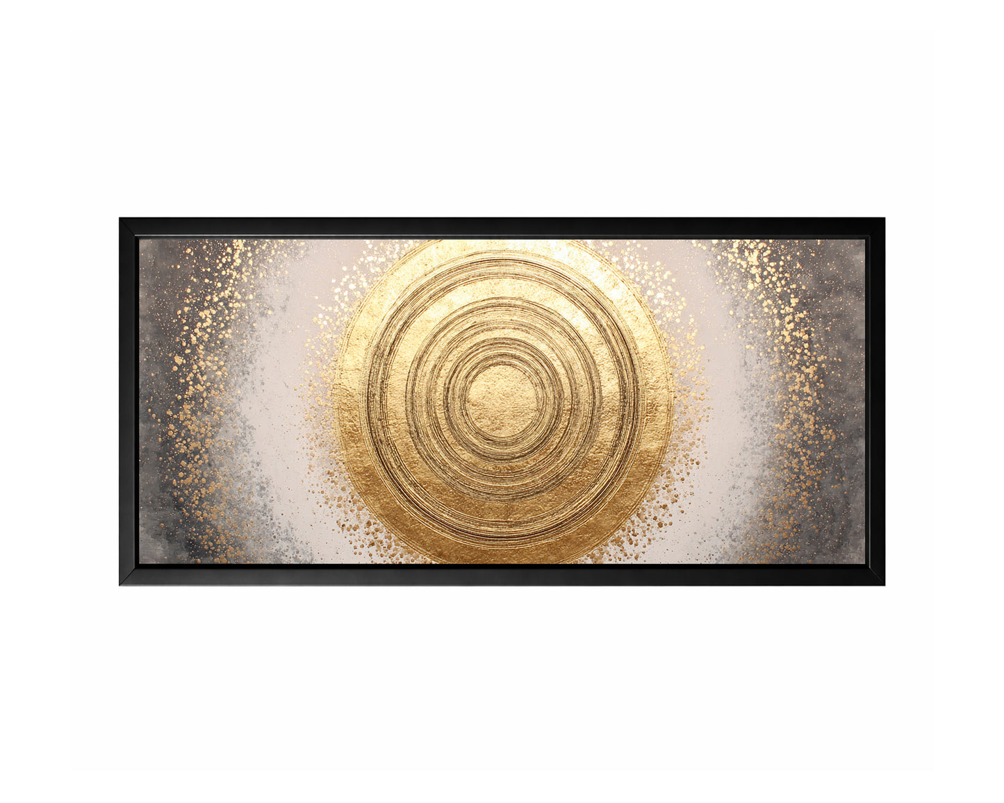 Gold concentric circle wall art with gray, charcoal, white, and metallic-style speckled texture.