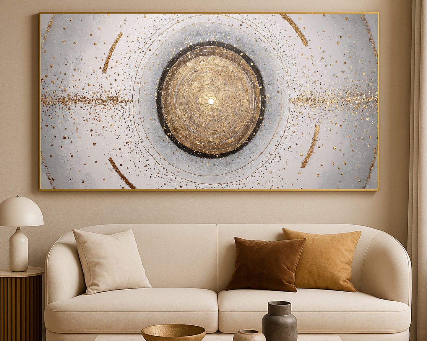 Panoramic geometric artwork featuring a layered circular focal point with gold and gray details.