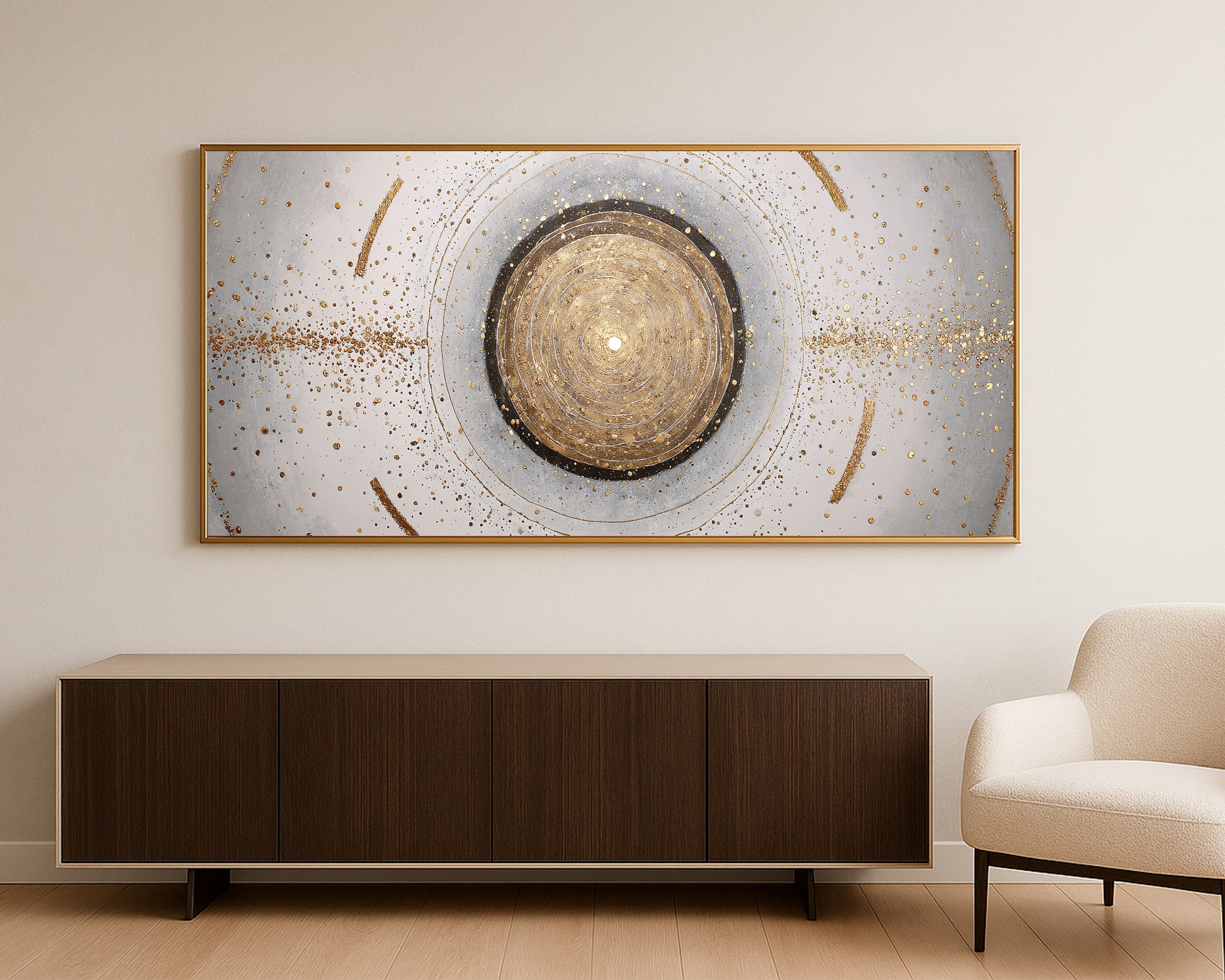 Modern abstract wall art with central gold circle, soft gray forms, and fine orbital linework.