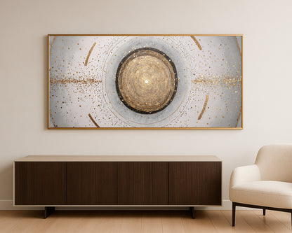 Modern abstract wall art with central gold circle, soft gray forms, and fine orbital linework.