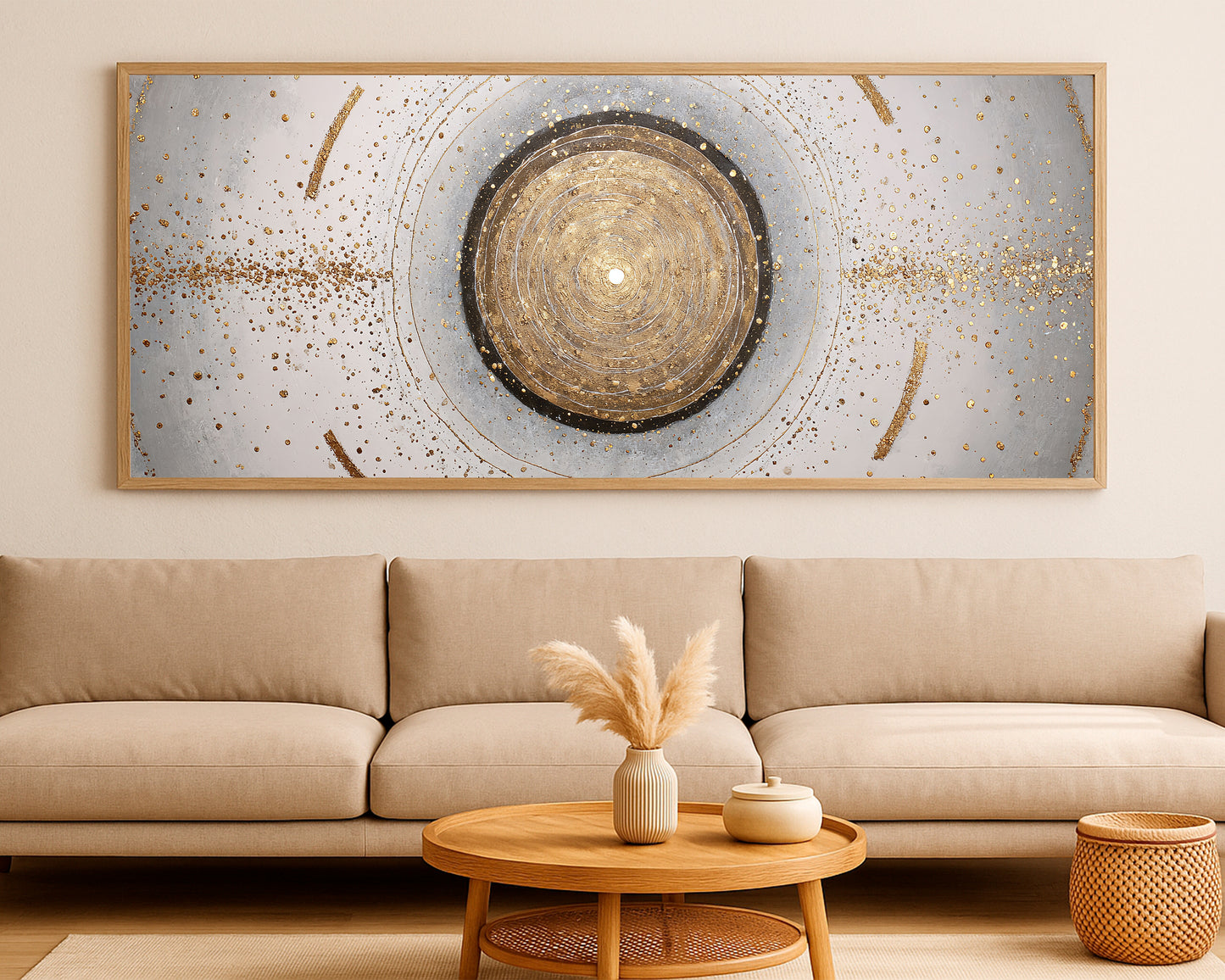 Wide neutral abstract print with circular rings, gold accents, and delicate speckled texture.