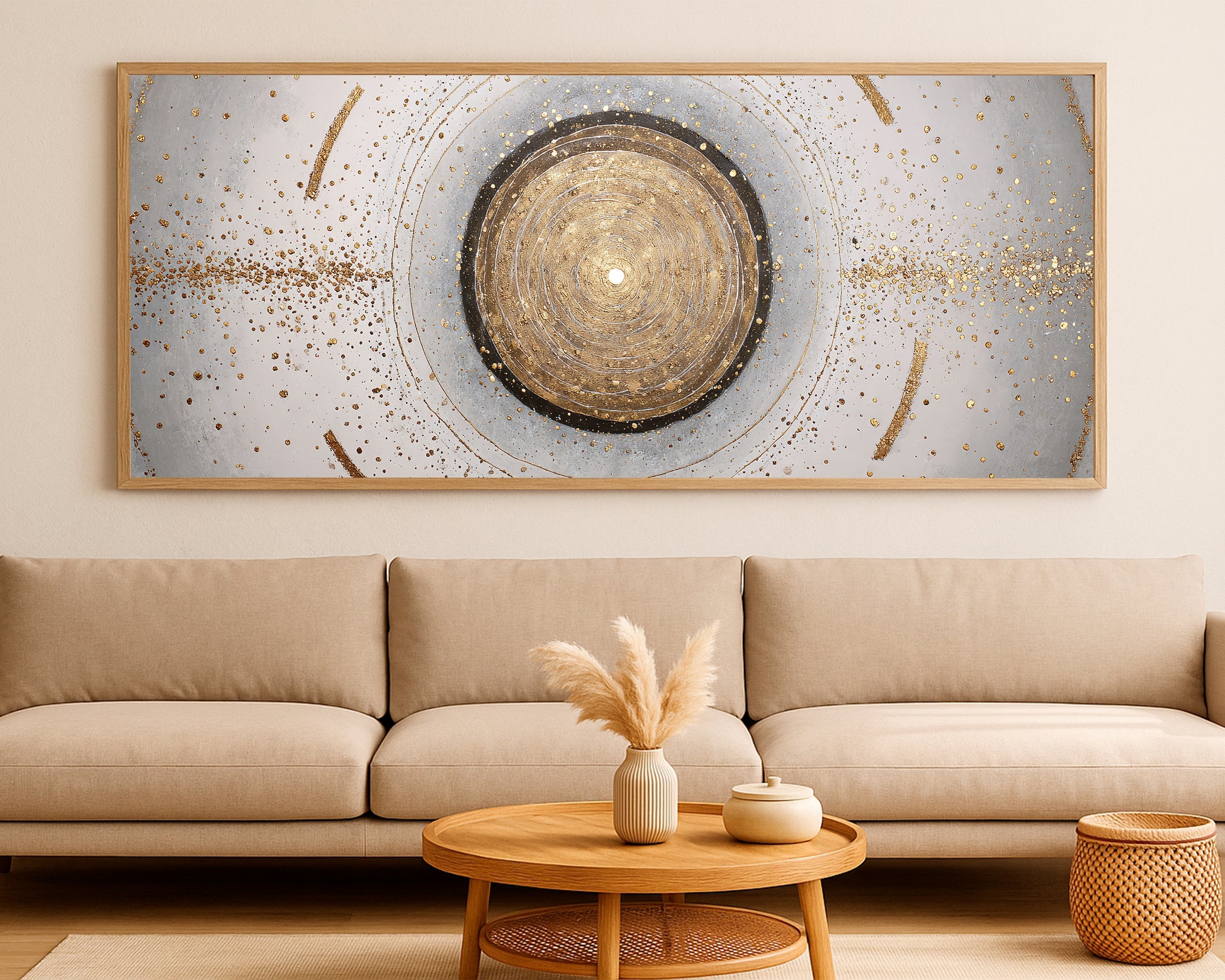 Wide neutral abstract print with circular rings, gold accents, and delicate speckled texture.