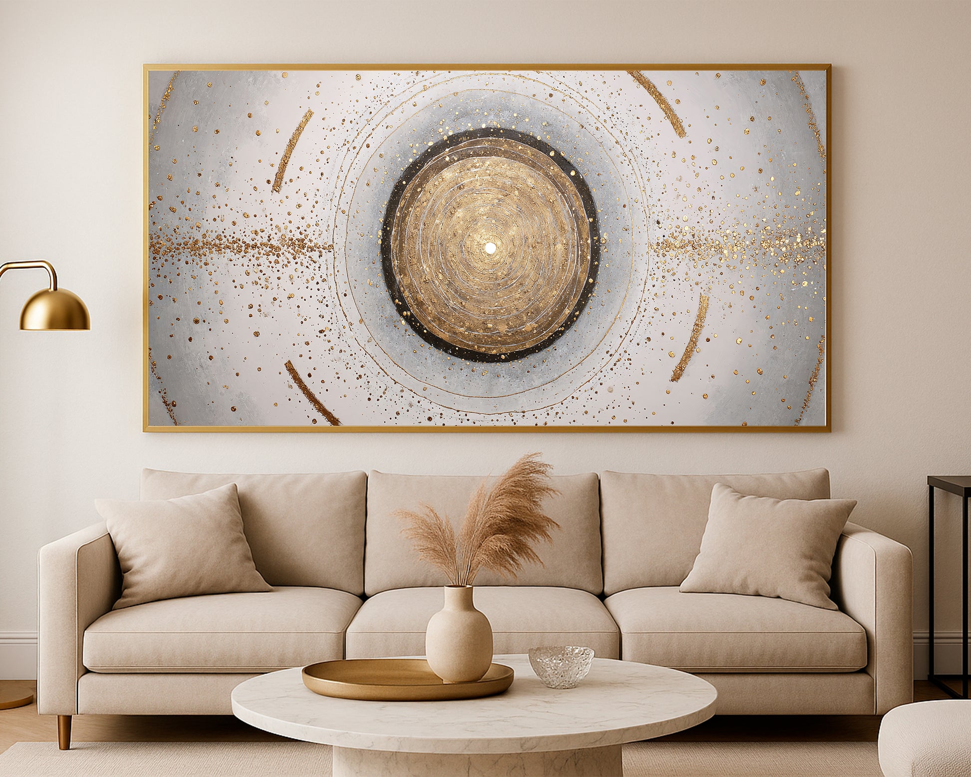 Refined panoramic circle artwork with gold, charcoal, ivory, and gray tones in a balanced abstract design.