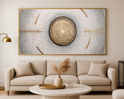Refined panoramic circle artwork with gold, charcoal, ivory, and gray tones in a balanced abstract design.